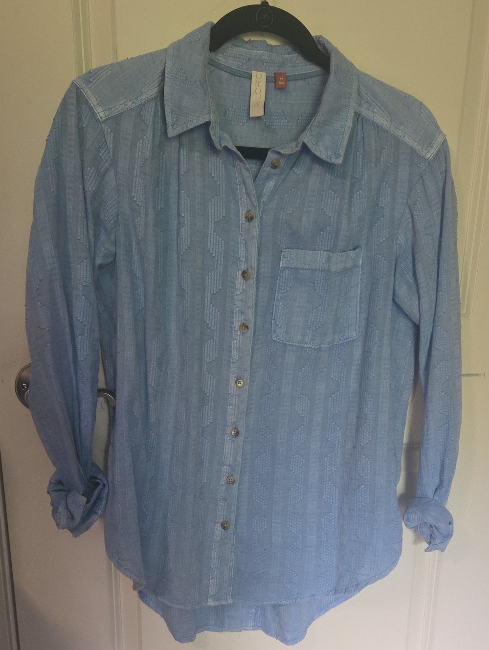 Anthropologie Light Blue Textured Button-Down Shirt With Lace Up Detail Back